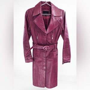 Genuine Pig Leather Fitted Trench Coat with Belt – Burgundy
